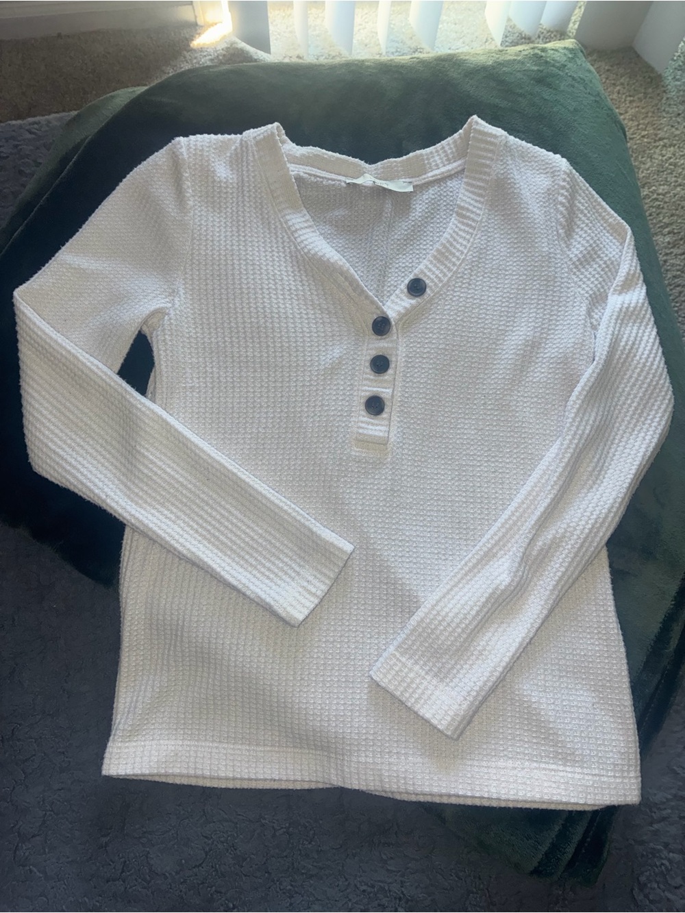 LOFT White Waffle Knit V-Neck Henley Sweater